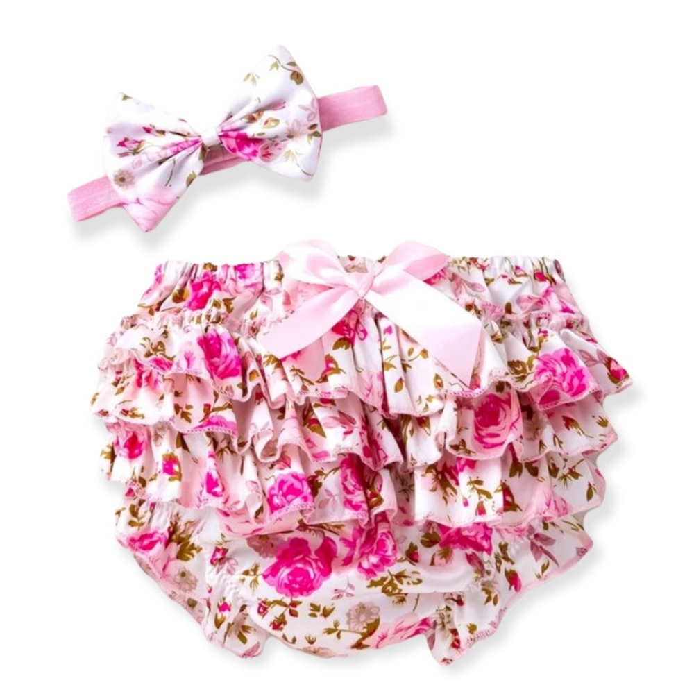Baby Floral Print Bow Front Layered Hem Shorts 3 Months
